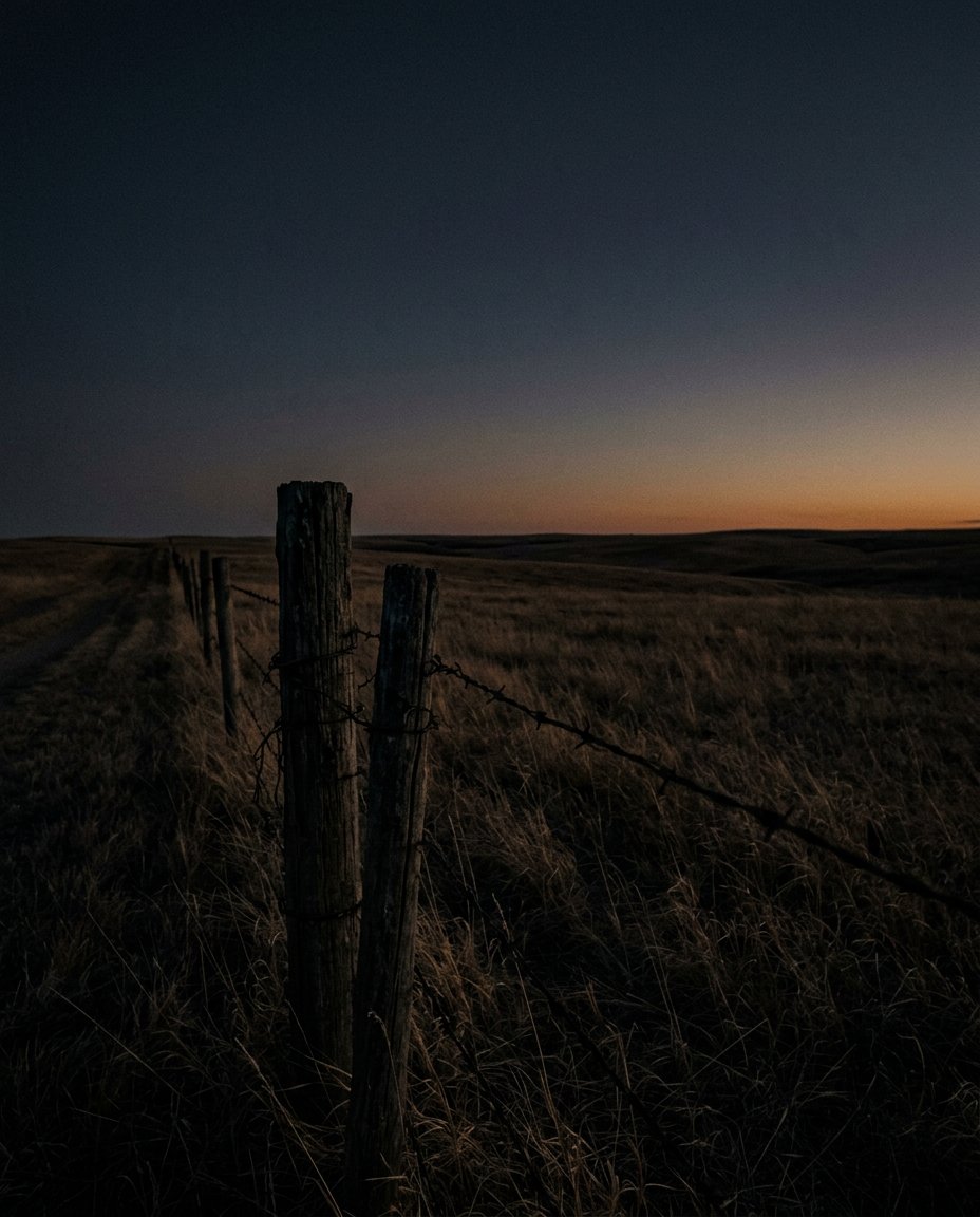 Dusk on an empty prairie fence line, the sky fading to amber at the horizon.
